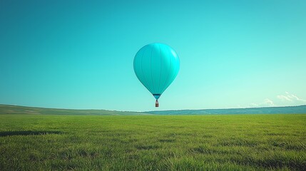 Naklejka premium One blue balloon floats gently above a green field under a clear sky
