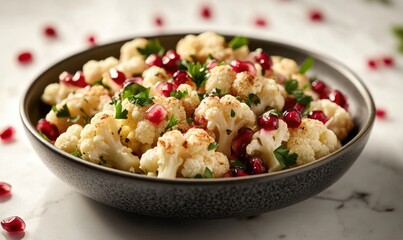 A bowl of cauliflower with a garnish of parsley and pomegranate seeds