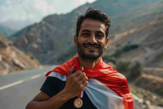 Celebrating athlete showcasing achievement on the journey to fitness goals, feeling proud and victorious after a race or competition