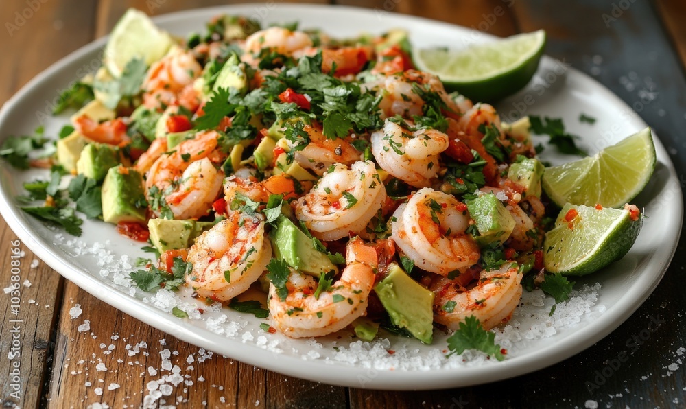 Wall mural a plate of shrimp and avocado salad with a lime garnish