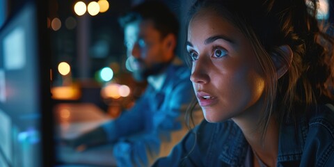 Evening work with female employee receiving guidance from manager on digital marketing project. Collaboration, mentorship, and support during extended office hours