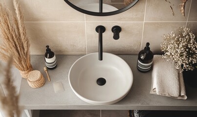 Fototapeta premium A bathroom sink with a black faucet and a white basin