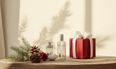 A red box with a white bow sits on a wooden table