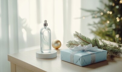 A bottle of perfume sits on a table next to a Christmas tree