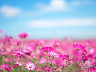 Obraz premium Vibrant Pink Cosmos Flowers Under Blue Sky