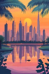 Obraz premium A vibrant sunset over a modern city skyline, reflecting on tranquil waters with palm trees framing the view, creating a serene and picturesque atmosphere.