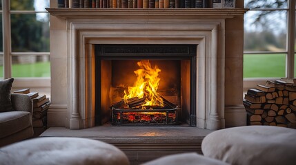 a cozy fireplace with a living flame, located in a cozy living room decorated with bookshelves