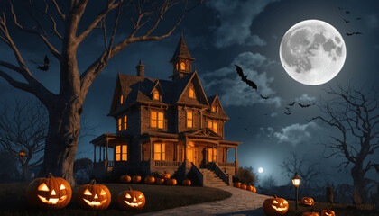 3D-rendered Halloween background featuring pumpkins and a haunted house. Dark, eerie forest setting with a sinister pumpkin. Perfect for a spooky Halloween night or holiday event banner concept.
