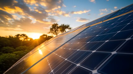 The image depicts a close-up of solar panels with a sunset in the background. The sunlight reflects off the panels under a sky filled with clouds. Солнечные панели  альтернативная энергия.