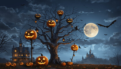 3D-rendered Halloween background featuring pumpkins and a haunted house. Dark, eerie forest setting with a sinister pumpkin. Perfect for a spooky Halloween night or holiday event banner concept.