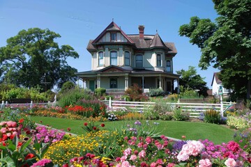 Victorian House with Vibrant Flower Garden