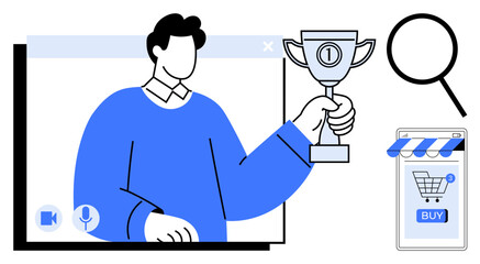 A person holding a trophy during a virtual meeting, alongside a magnifying glass and a mobile shopping app. Ideal for technology, online communication, achievements, virtual events, and e-commerce