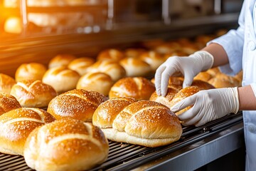Freshly Baked Bread Rolls in Bakery Setting
