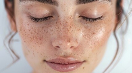 Fototapeta premium Serene expression with closed eyes for mindfulness and tranquility after a skincare routine. Emphasizing natural beauty and self-care in a close-up on a neutral background