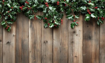 A wooden fence with a row of evergreen leaves and berries on it