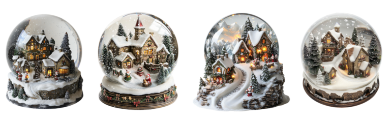 Enchanting 3D Snow Globe with Mini Christmas Village and Santa Claus Set in Glowing Winter Scene Festive Holiday Decoration Concept Transparent Background