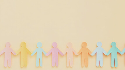 Teamwork and helping concept with paper chain cutout people holding hands on pastel yellow background. Generative AI