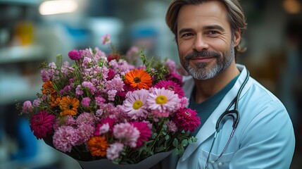 Smiling doctor holding vibrant bouquet of flowers in hospital setting National Doctor's Day