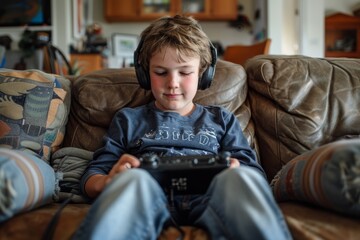Obraz premium Joyful child with headphones and tablet in a bedroom, enjoying movies, video games, and e-learning. The boy smiles while embracing digital technology for music and cartoons