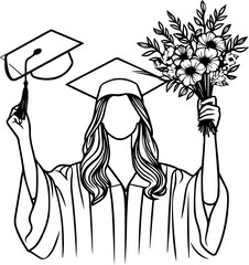 Black Line Art Happy Women Celebrate Graduation Style Hand Drawn Illustration