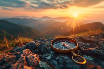 Vintage compass on map with mountain sunset in background