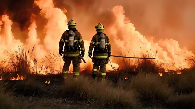 Brave Firefighters Battling Large Wildfire with Smoke and Flames in Field


