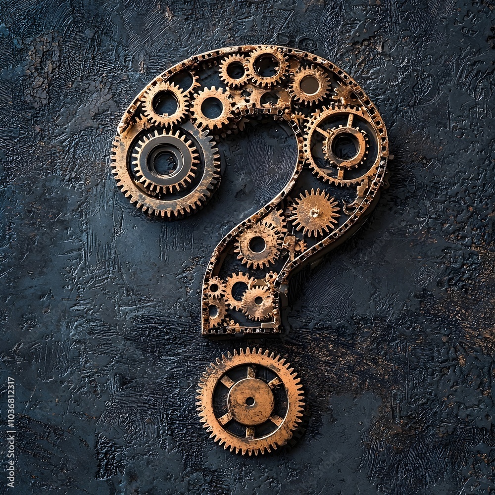 Poster gears and cogs forming a question mark symbolizing business complexity and search for solutions