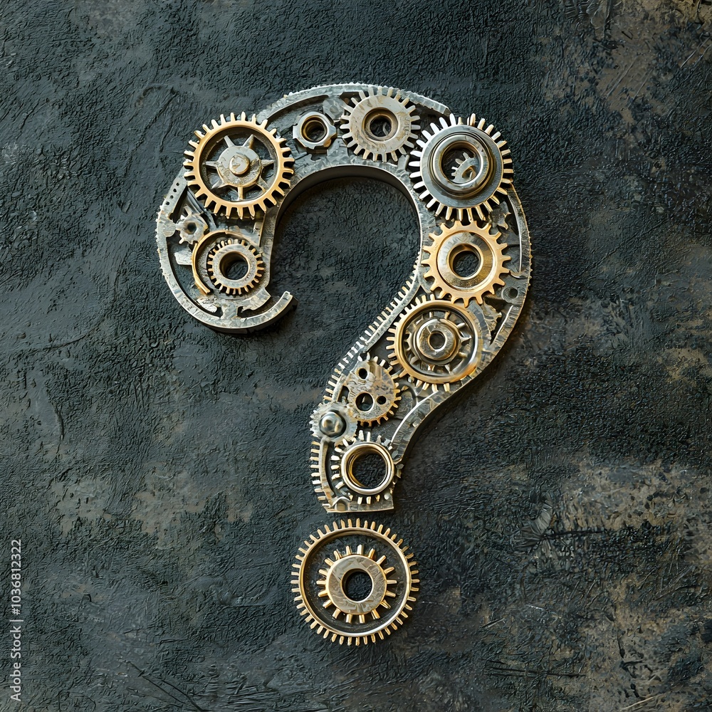 Poster gears and cogs forming a question mark symbolizing business complexity and the search for solutions