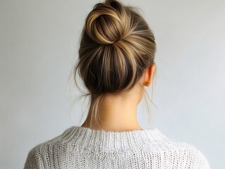 A woman with her back to the camera with her hair in a messy bun