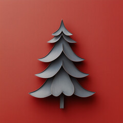 Fototapeta premium A Christmas tree made of gray metal on a red background, presented in a minimalist flat-lay composition.Copy space,flat lay.Creative holiday concept.