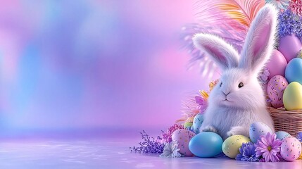 Fototapeta premium Cute Bunny Surrounded by Colorful Easter Eggs and Flowers