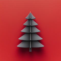 Fototapeta premium A Christmas tree made of gray metal on a red background, presented in a minimalist flat-lay composition.Copy space,flat lay.Creative holiday concept.