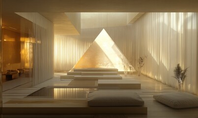 A room with a pyramid shaped structure in the middle