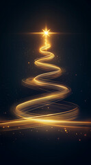 Obraz premium A Christmas tree made of glowing golden lines on a dark background, topped with a star.