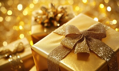 A gold wrapped gift box with a bow on top