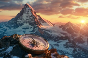 Vintage compass on map with mountain sunset in background