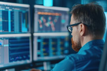 A professional trader analyzing multiple screens with financial data and stock charts in a modern office. Focus on technology and finance.