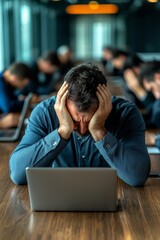 A group of executives sitting in silence around a table, some with their heads in their hands, others staring blankly at their laptops, the office filled with muted colors and a sense of defeat