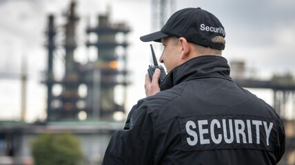 Security personnel monitoring industrial site with communication device.