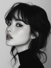 A portrait of a Korean woman with a sleek hairstyle and striking features against a minimalist background