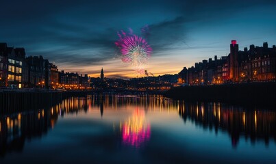 Fototapeta premium A city skyline with a river in the background and fireworks in the sky