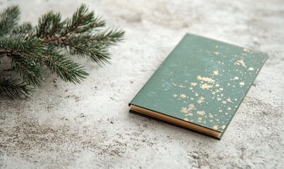 A green notebook with gold lettering sits on a white surface next to a pine tree