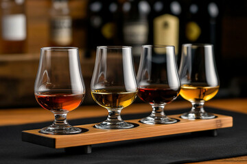 Elegant Whiskey Tasting Flight on Wooden Board

