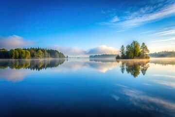 Fototapeta premium Symmetrical misty lake scene with blue sky in the morning