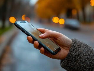 A person holding a cell phone in their hand on a city street