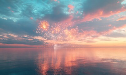 Fototapeta premium A beautiful sunset with a large body of water and fireworks in the sky