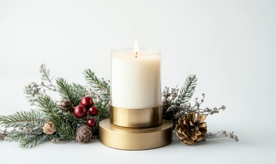 A candle is lit in a gold holder with pine needles and berries