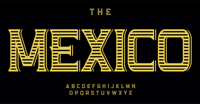 Mexican alphabet, vintage cowboy font, bold striped letters. Classic western typeface with stripes for retro typography, rustic bar, saloon headline, barbershop logo, Texas type. Vector typeset.