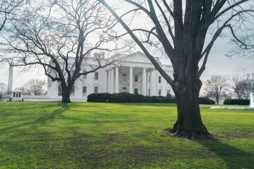 The White House is surrounded by a large green lawn