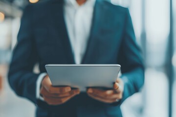 Business professional in a suit using a digital tablet in a modern office environment, focusing on technology and communication.